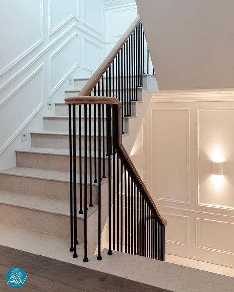 Modern Victorian Staircase, White Staircase Black Spindles, Black Metal Spindles Staircase, Black Spindles Staircase, Oak Staircase With Black Spindles, Staircase With Metal Spindles, Staircase Moulding, Stair Spindle Ideas, Spindles Stairs