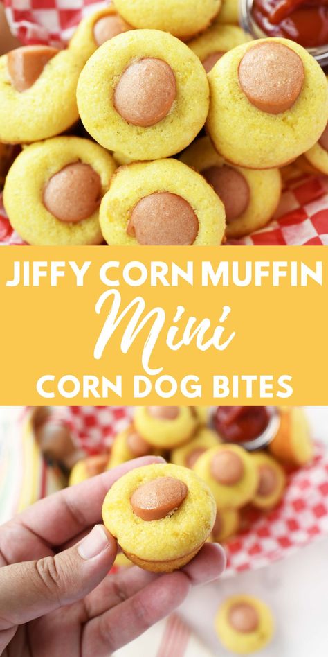 Mini Corn Dogs Jiffy, Cornbread Corndogs, Hot Dog Bites Appetizers, Corn Dog Muffins Jiffy, Mini Corndogs With Jiffy, Corn Dog Appetizers, Jiffy Corndog Recipes, Homemade Corn Dogs Recipe, Cornbread Hot Dogs