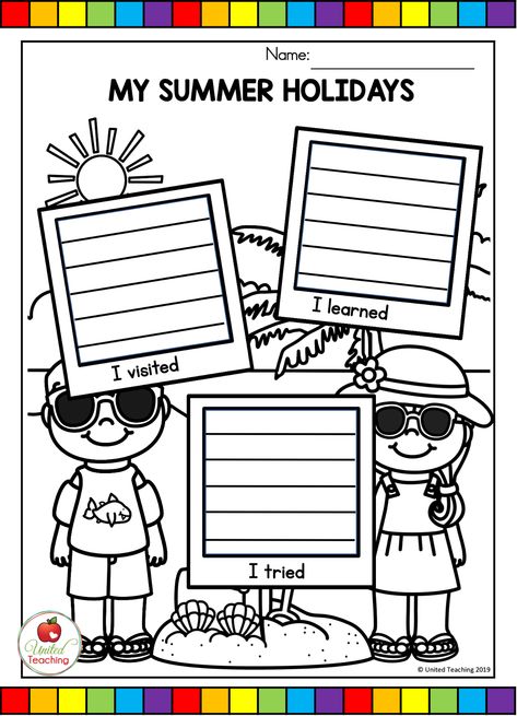 Children will love recording their summer memories with these FREE Summer Snapshots writing activities. The activities will have them reflecting on what they did on their break and will ease them back into writing. Two versions are included; one where children can draw a picture and one where writing lines are provided in the boxes. Activities For Summer Vacation, What I Did This Summer Printable, My Summer Memories, English Holiday Homework Ideas, Summer School Worksheets, Summer Writing Activity, Summer Break Activities, Holiday Journal, Christmas Learning