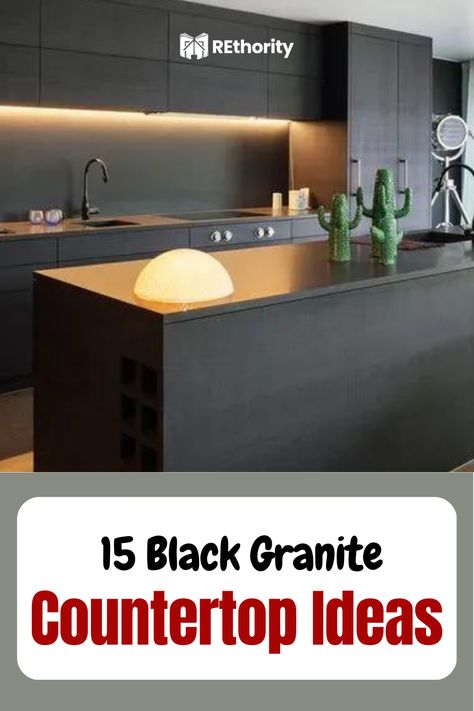 Are you looking for ideas to help you give your kitchen a unique, modern look? Black granite countertops can transform any kitchen into a sleek and sophisticated space. With its bold and sleek appearance, black granite is a great choice for making a statement in your kitchen. From classic black granite to unique pairing ideas, here are 15 black granite countertop ideas to inspire you. Kitchen Island Colors With Black Granite, Black Leather Granite Kitchen, Black Granite Countertops Kitchen Modern, Black Kitchen Countertops Color Combos, Black Galaxy Granite Kitchen, Black Pearl Granite Countertops, Kitchens With Black Granite Countertops, Kitchen Black Granite, Granite Countertop Ideas