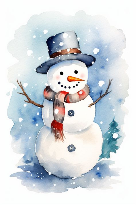 Watercolor Christmas Cards Ideas Winter Scenes, Christmas Themed Watercolor Paintings, Frosty The Snowman Painting, Snowman Watercolor Christmas Cards, Hello Winter Illustration, Christmas Watercolor Painting Ideas, Watercolor Snowman Card, Winter Watercolour Painting, Cute Watercolor Christmas Cards