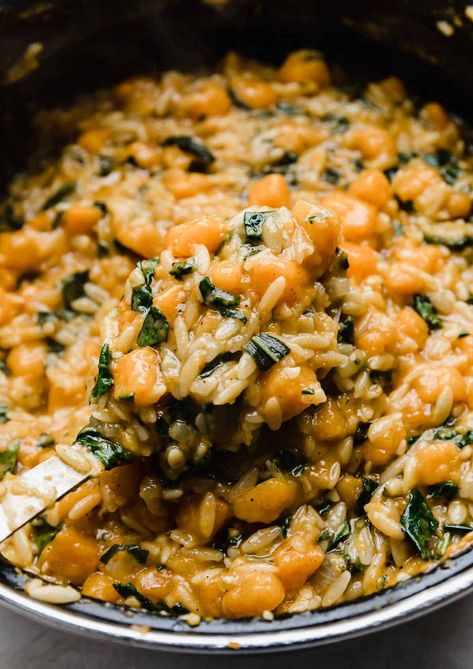 This butternut squash orzo pasta is the ultimate fall dinner. Seasonal squash is paired with kale, parmesan, sage and brown butter for an extremely cozy and satisfying bowl of pasta. Butternut Squash Orzo, Squash Orzo, Butternut Squash Sage, Vegetarian Pasta Dishes, How To Cook Orzo, Buffalo Chicken Pasta, Butternut Squash Risotto, Orzo Recipes, Healthy Ice Cream