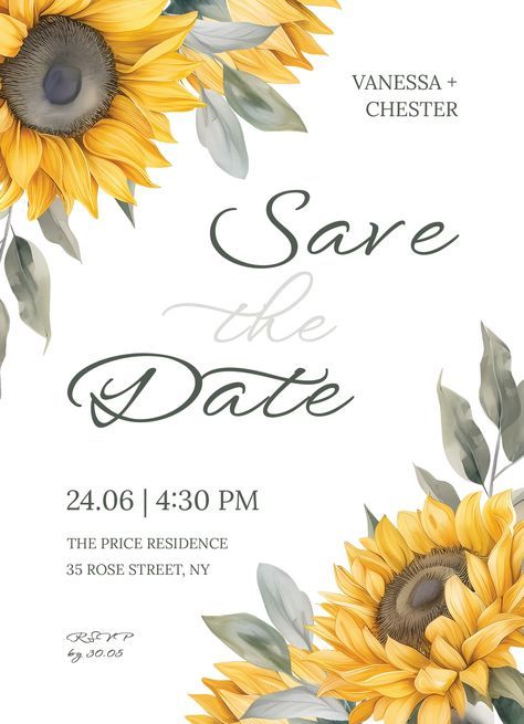 An easy-to-edit wedding save the date template for Google Docs. Sunflower Save The Date, Google Docs Templates, Wedding Ceremony Script, Sunny Vibes, Docs Templates, Save The Date Template, Wedding Guest List, Save The Date Templates, Wedding Preparation