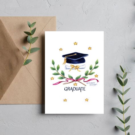 Congratulate the this great occasion to the graduate for a job well done! Sophisticated victory emblem just about says it all for a great accomplishment. Front: Graduate Inside Verse:Congratulations on your graduation for a job well done! Best wishes and happiness on all your new and exciting endeavors. Original watercolor artwork by Audrey Ascenzo.❤️ Watercolor Graduation Cards, Graduation Painting, Graduation Watercolor, Watercolor Graduation, Instagram Features, Graduation Cards Handmade, Quilled Cards, Well Done Card, Girl Graduation