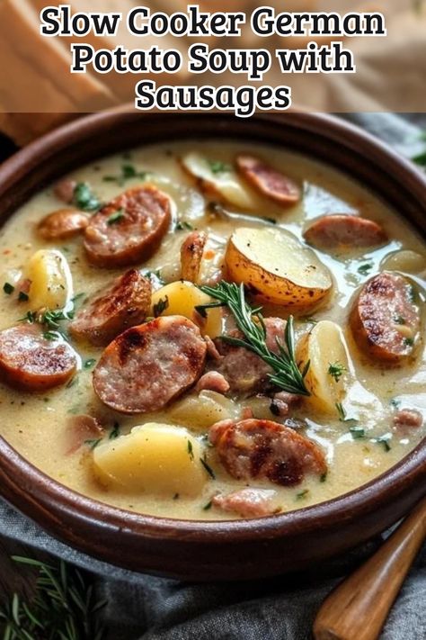 Delicious Slow Cooker German Potato Soup with Sausages Recipe! Crock Pot Sausage Soup Recipes, German Sausage Soup Recipes, German Chili Recipe, Slow Cooker German Potato Soup, Soup With Bratwurst, Crockpot Potato Kielbasa Soup, Bratwurst Soup Crockpot, Slow Cooked Stew, Summer Sausage Soup