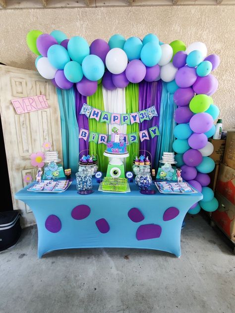 Monsters Inc One Year Birthday, Monsters Inc Backdrop Party Ideas, Monster Inc Table Center Piece, 1st Birthday Monsters Inc, Monsters Inc Table Decorations, Our Boo Is Turning Two Monsters Inc, Monsters Inc Birthday Decorations, Monsters Inc Dessert Table, Monsters Inc 1st Birthday Boy