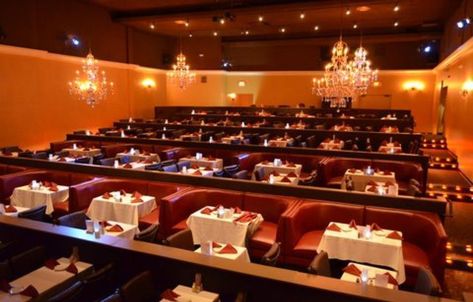 The Encore's dinning room. Dinner Theater Ideas, Kitchen Stage Design Theatre, Dinner Theater, Rehearsal Room Theatre, Dine In Movie Theater, Luxury Movie Theater, Movie Theatre Seats, Luxury Movie Theater Cinema, Dine In Theater