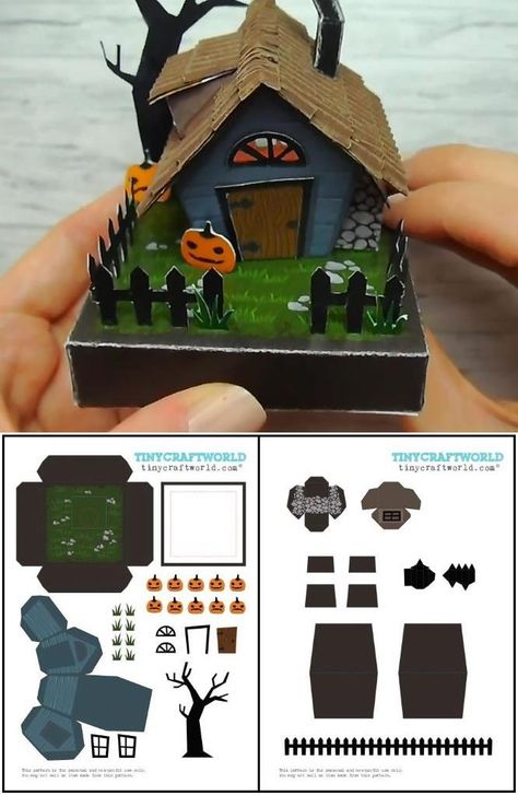 DIY Spooky Haunted House Papercraft - by by Tiny Craft World 3d Paper Crafts Templates Free Printable Halloween, Halloween Paper Crafts Free Printable, Diy Haunted House Ideas, Haunted Dollhouse Diy Ideas, Miniature Haunted House, Halloween Villages, Halloween Diorama, Doll Miniatures, Halloween Paper Crafts