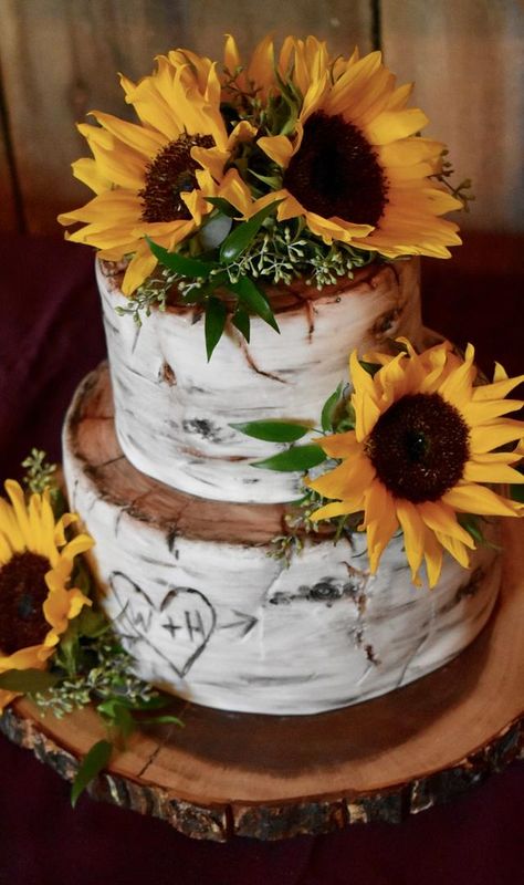 Birch Tree Wedding Cake, Birch Tree Cakes, Tree Wedding Cake, Cake Tree, Wedding Cake Tree, Sunflower Wedding Cake, Birch Tree Wedding, Sunflower Wedding Decorations, Rustic Sunflower Wedding