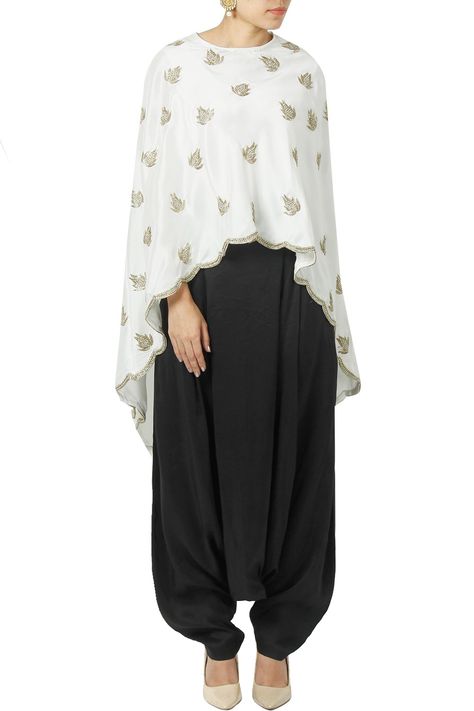 Payal Singhal  Tramontane Zouave Pants Asymmetric Cape, Draped Pants, Accessories For Wedding, Latest Designer Dresses, Drape Pants, Payal Singhal, Dhoti Pants, Black Drapes, Scallop Hem