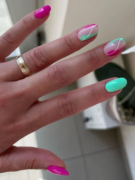 hot pink and neon green nails with swirls Nail Art Designs 2023, Teal Nail Designs, Easter Nail Art Designs, Aqua Nails, Teal Nails, Easter Nail, Turquoise Nails, 38 Super, Easter Nail Art