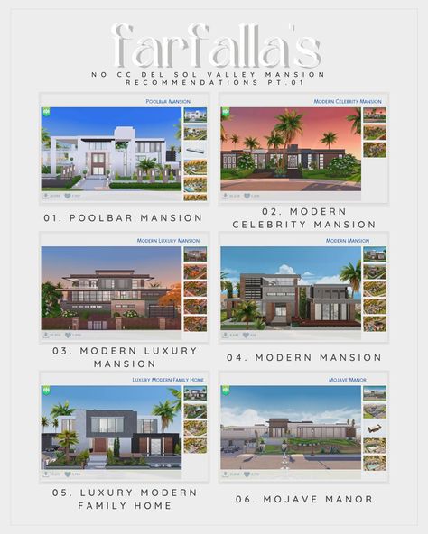 F a r f a l l a ☁️: No CC Del Sol Valley Mansion Recommendations, pt.... Del Sol Valley Sims 4, Sims 4 Del Sol Valley, Celebrity Mansions, Sims 4 Gallery, Luxury Mansion, Sims 4 Builds, Sims Builds, Modern Mansion, Mansions Luxury