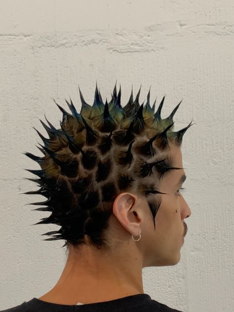 Gel Spiked Hair, 90s Twisted Spike Hairstyle, Hair Spikes Hairstyles, Small Liberty Spikes Hair, Futuristic Hair Men, Spiky Buzzcut, Short Liberty Spikes, Liberty Spikes Short Hair, Liberty Spikes Hair