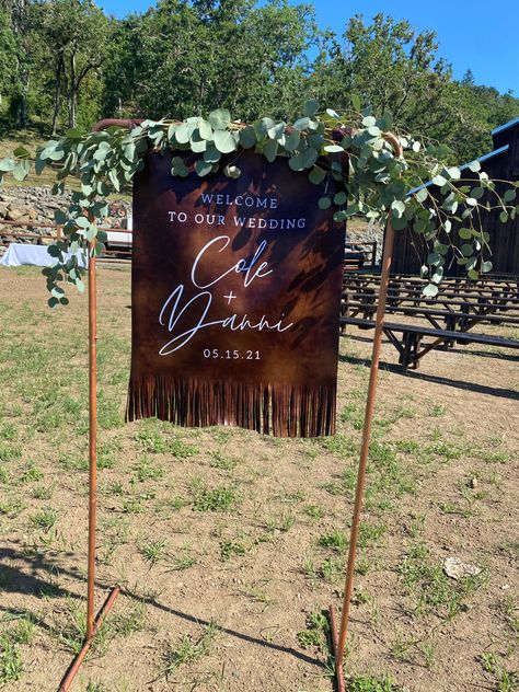 Western Wedding Welcome Sign, Western Wedding Signs, Leather Centerpiece, Colorado Bachelorette, Western Welcome Sign, Country Wedding Signs, Wedding Signs Rustic, Western Wedding Decorations, Copper Stand