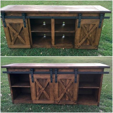 TV Console/TV Stand/Entertainment by TourtillottCreations on Etsy Barn Door Entertainment Center, Rustic Furniture Design, Rustic Tv Stand, Console Tv, Living Room Decorations, Decorating Advice, Entertainment Center Decor, Smart Ideas, Entertainment Centers