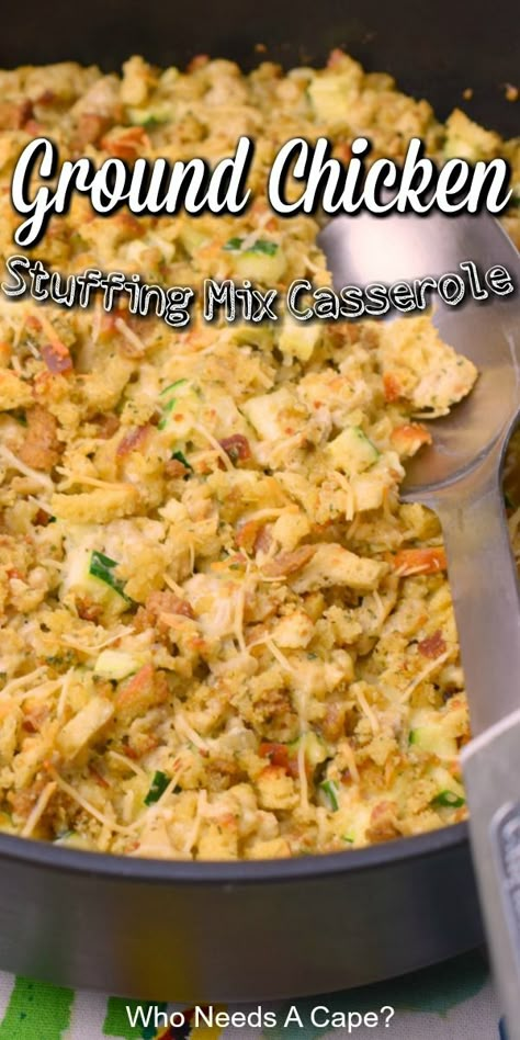 Chicken & Zucchini Stuffing Mix Casserole is a budget friendly dinner with delicious flavors. Easy to prepare, this comforting dish is family friendly. Ground Chicken Casserole, Chicken Stuffing Casserole, Chicken Stuffing, Budget Friendly Dinner, Recipes Easy Dinner, Stuffing Casserole, Dinner Recipes Easy, Ground Chicken Recipes, Chicken Zucchini