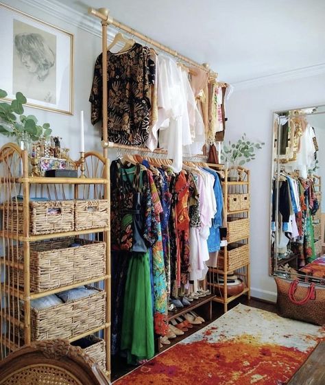 Boho Room Wardrobe, Canvas Wardrobe Ideas, Boho Closet Organization, Bohemian Dressing Room, Funky Closet Ideas, Vintage Dressing Room Ideas, 2023 Boho Style, Boho Walk In Closet, Boho Closet Ideas