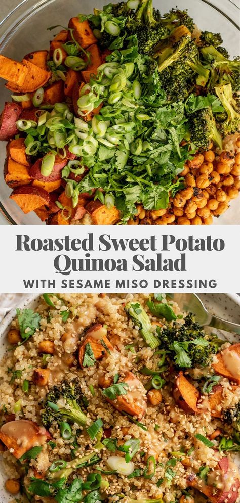 Salad With Bbq, Wfpb Meals, Sweet Potato Quinoa Salad, Sweet Potato Quinoa, Miso Sauce, Quinoa Sweet Potato, Roasted Sweet Potato, Miso Dressing, Vegan Beans