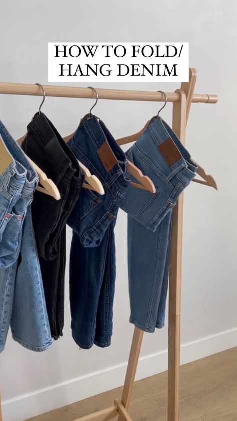 How to hang/fold your denim or a beautiful, organized, aesthetic look. Makes it easy to see what you have without tearing apart a folded stack + it give a high end feel to your closet! How To Fold Denim Jeans, Hang Jeans On Hanger, Pant Hanging Ideas, How To Hang Trousers, Best Way To Hang Jeans, How To Hang Up Jeans, Jeans Folding Ideas, How To Hang Pants, How To Hang Jeans In Closet