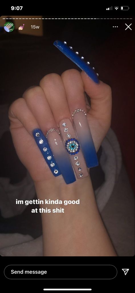 Evil Eye Bling Nails, Long Square Acrylic Nails Evil Eye, Blue Evil Eye Acrylic Nails, Third Eye Nails Acrylic, Nails Inspiration Evil Eye, Third Eye Nail Design, Evil Eye Nails Long, Evil Eye Acrylics, Nails Evil Eye Design