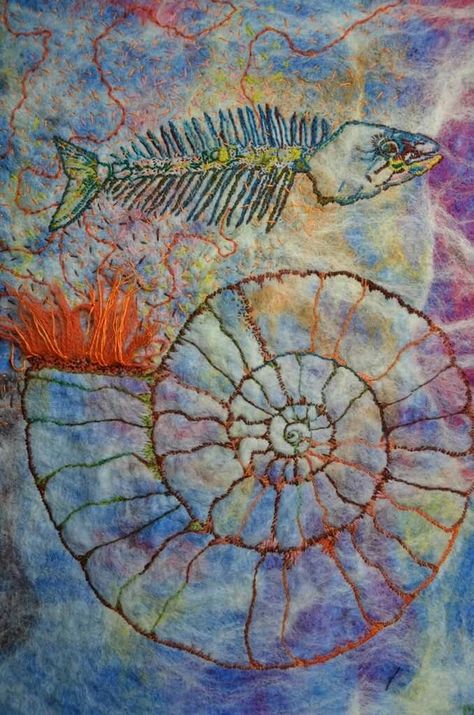 Fossil Textiles, Fossil Embroidery, Embroidery Spiral, Creatures Textiles, Ocean Textiles, Fish Textiles, Gcse Portfolio, Textiles Coursework, Fabric Faces