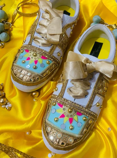 Wedding sneakers bridal sneakers bride shoes Bride Sneakers Diy, Bridal Sneakers Indian, Gold Heels Wedding, Bridal Sandals Heels, Comfy Wedding Shoes, Wedding Shoes Sneakers, Bride Sneakers, Best Indian Wedding Dresses, Quirky Shoes