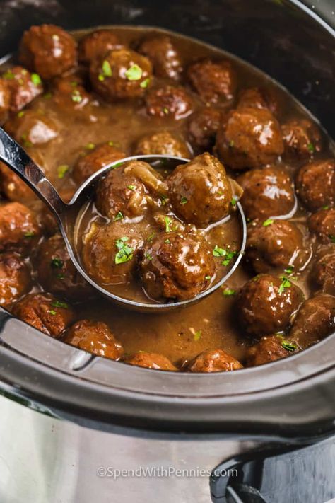 Smothered Meatballs Gravy Crock Pot, Slow Cooker Salisbury Steak With Gravy, Slow Cooker Meatballs And Potatoes, Slower Cooker Meatballs, Soup In Slow Cooker Recipes, Meatballs And Brown Gravy Easy, Mushroom Meatballs Crockpot, Meatloaf Meatballs Crockpot, Frozen Meatballs Crockpot Brown Gravy