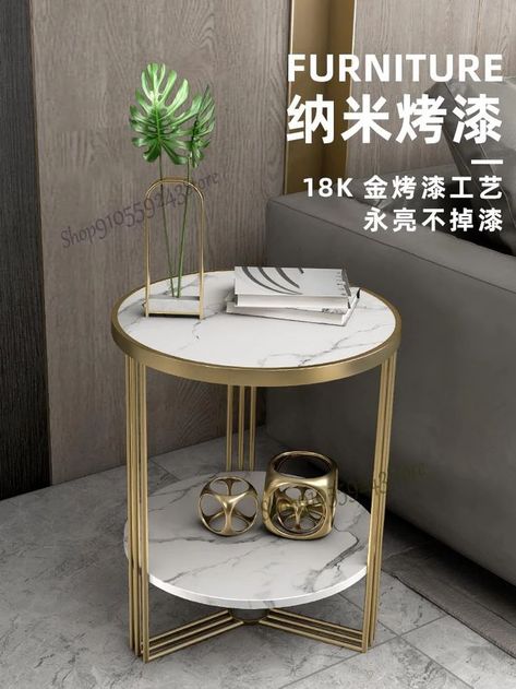 Round Table Corner, Corner Table Designs, Corner Table Living Room, Bed Side Table Design, Marble Bedside Tables, Centre Table Living Room, White And Gold Decor, Nordic Sofa, Round Dining Room Table