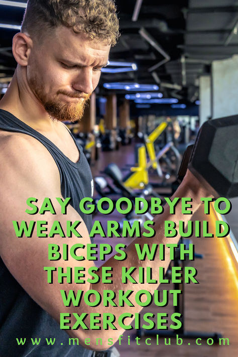 A fit individual performing bicep curls with dumbbells in a modern gym, emphasizing strength and muscle definition. The workout highlights effective exercises like hammer curls, barbell curls, and concentration curls for building strong, sculpted arms. The background features gym equipment and mirrors, enhancing the energetic vibe. Text overlay reads: 'Bicep Workouts: Build Strength, Sculpt Your Arms, Achieve Your Goals! Good Bicep Workouts, Bicep Workouts For Men, Killer Bicep Workout, Mens Bicep Workout, Workouts Without Weights, Workouts With Dumbbells, Best Bicep Workout, Big Biceps Workout, Workouts Women