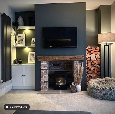 Small Room Fireplace, Future House Living Room, Fireplace Dark, Fabulous Living Room Decor, Contemporary Wood Burning Stoves, Log Burner Living Room, Living Room Color Combination, Living Room Panelling, Room Color Combination