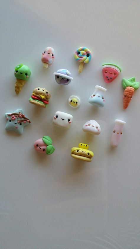 Cute Clay Ideas Easy Kawaii, Polymer Clay Kawaii Food, Easy Mini Clay Ideas, Food Clay Ideas, Lollipop Clay, Watermelon Marshmallow, Polymer Clay Egg, Clay Ideas Easy, Flask Science