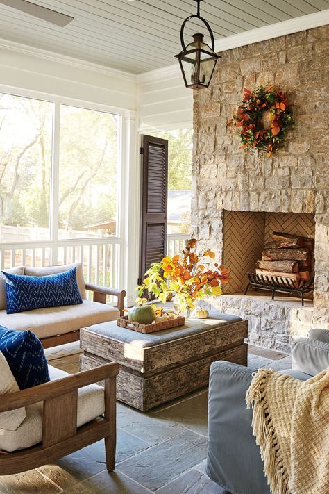 Porch With Fireplace, Simple Cottage, Porch Fireplace, Antique Dining Tables, Oak Panels, House With Porch, Minimal Decor, Southern Home, Building A New Home