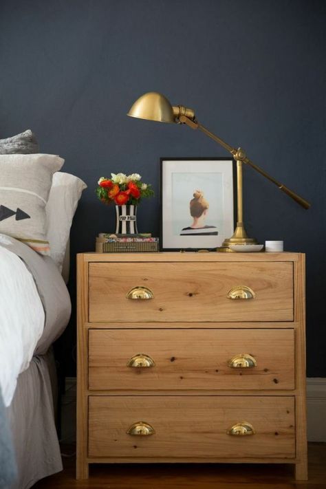 Picture Of a simple and chic IKEA Tarva dresser stained light and with vintage metal handles will fit many spaces Ikea Nightstand Hack, Tarva Dresser, Ikea Nightstand, Ikea Tarva Dresser, Ikea Tarva, Decor Ikea, Table Wood, Lamp Table, Diy Lamp