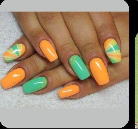 Orange Green Yellow Nails, Green And Orange Nail Designs, Orange And Green Nail Designs, Orange Green Nails, Green And Orange Nails, Orange And Green Nails, Vacay Nails, Lime Green Nails, Bday Nails