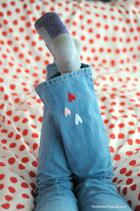 Surprise Embroidered Hearts Minimal Shirt Design, Embroidered Hearts, Clothes Embroidery Diy, Denim Embroidery, Heart Diy, Embroidery On Clothes, Denim Diy, Embroidered Heart, Jeans Diy