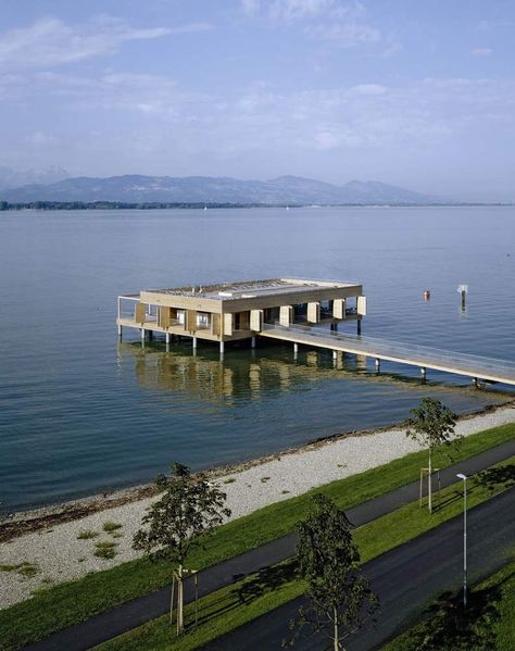 Water Architecture, Floating Architecture, Visit Austria, Outdoor Bath, Public Bath, Concrete House, Steel Buildings, Floating In Water, Waterfront Homes