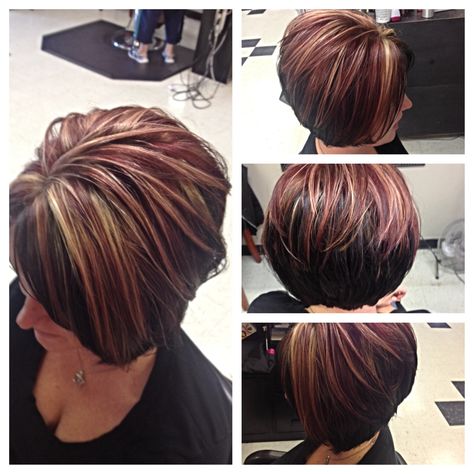 Asymmetrical bob by Courtney Curtis and highlights/lowlights. Red, Blonde, dark Brown love the colors Brown Bob Hair, Red And Blonde, Asymmetrical Bob Haircuts, Brown Hair With Blonde Highlights, Red Highlights, Hair Done, Hair Color Highlights, Haircut And Color, Brown Blonde Hair