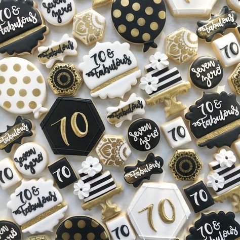 70 And Fabulous Cookies, Bday Cookies, Cookie Birthday, Gold Cookies, Anniversary Cookies, 70th Birthday Party, 75th Birthday Parties, Cookies Theme, Decorating Cookies