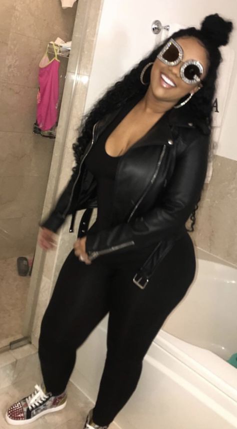 Plus Size All Black Outfit Fall, Plus Size Bowling Outfit, Plus Size Bowling Date Outfit, All Black Outfit For Party Night Plus Size, Leather Jacket Plus Size Outfits, Comedy Show Outfit Night Black Women Plus Size, Plus Size Winter Club Outfits, R N B Concert Outfit, Las Vegas Outfit Plus Size