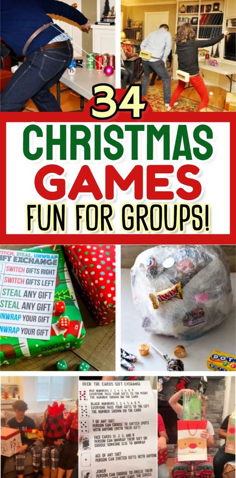 34 Chistmas Games That Are Fun For Groups Of All Ages from Fun Christmas Games For Groups - family christmas games for all ages easy! Easy games to play at Christmas parties - DIY Christmas party games for adults, couples, office, work, family parties, church groups - xmas minute to win it, quick and easy gift exchange, fun and funny saran wrap ball, dirty santa, white elephant christmas party games for adults funny families Easy Fun Family Christmas Games, Christmas Games Teams, Cheap Fun Christmas Games, Christmas Fun Activities Families, Christmas Holiday Party Games, Games To Play On Christmas Day, Work Xmas Party Games, Christmas Games For Adults Free, Fun Holiday Games To Play With Family