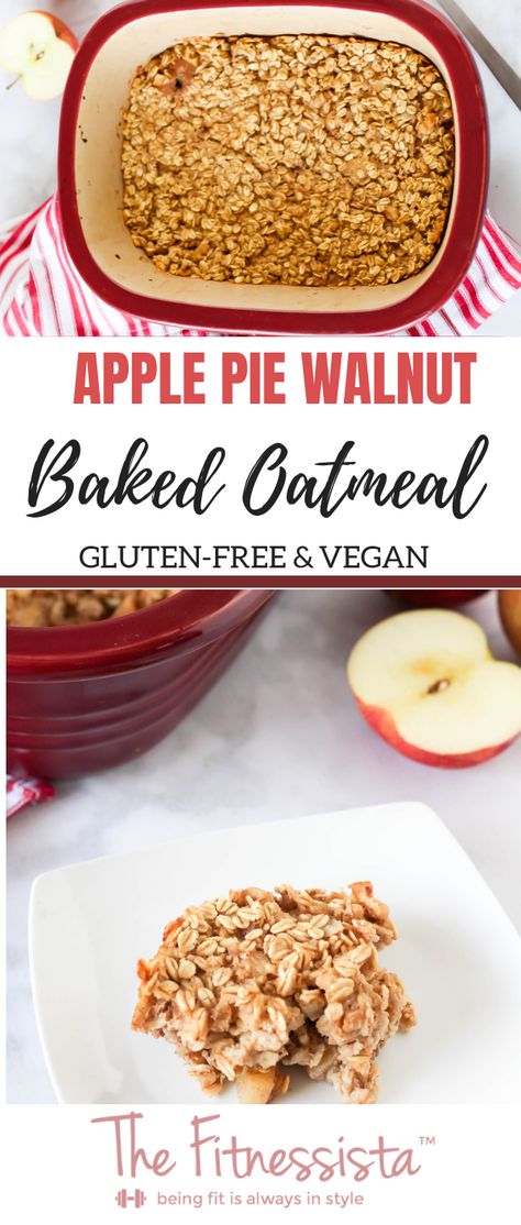 This apple pie baked oatmeal is gluten-free, vegan, and an incredibly delicious make-ahead breakfast option. This is perfect to make as part of meal prep for busy weekday mornings. Simply reheat and eat. :) fitnessista.com Apple Pie Baked Oatmeal, Cranberry Baking, Vegan Apple Pie, Apple Walnut, Gluten Free Oatmeal, Gluten Free Recipes For Breakfast, Make Ahead Breakfast, Gluten Free Oats, Gluten Free Breakfasts