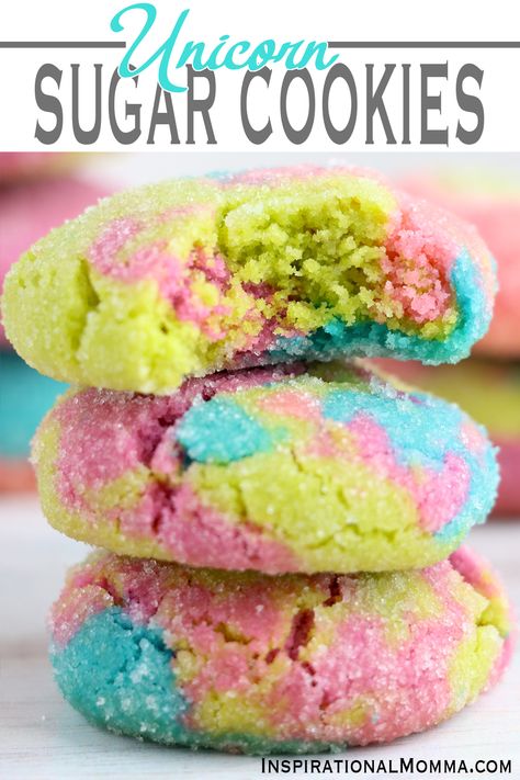 Unicorn Sugar Cookies are soft, simple, and sensational. They are easy to make and are a delicious, colorful treat that everyone will love! #inspirationalmomma #sugarcookies #unicornsugarcookies #cookies #dessert #recipe #sweettreat #unicorn Unicorn Cookie Cake, Pride Desserts, Cauldron Cookies, Unicorn Recipes, Unicorn Sugar Cookies, 2024 Cookies, Creative Cookie Recipes, Unicorn Poop Cookies, Rainbow Sugar Cookies