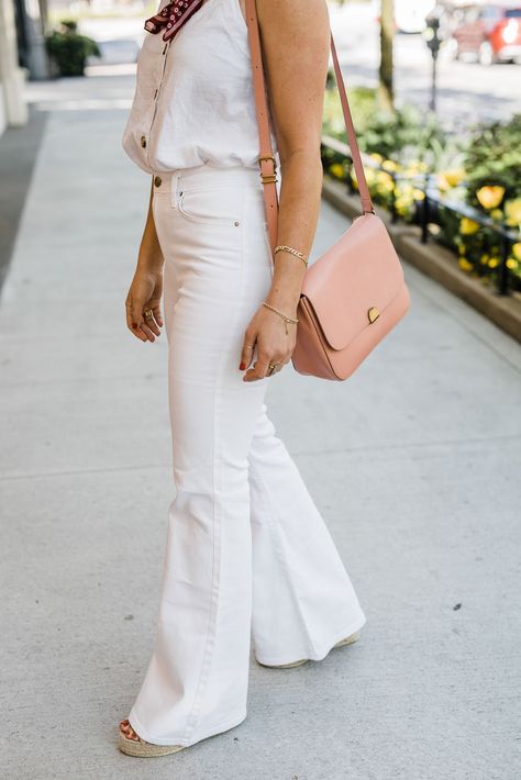 White Wide Leg Jeans For Summer White Flair Jeans Outfit, White Wide Leg Jeans Outfit, White Jeans Outfit Summer, Flair Jeans Outfit, White Tank Top Outfit, Jeans For Summer, White Tops Outfit, White Wide Leg Jeans, Tank Top Outfit