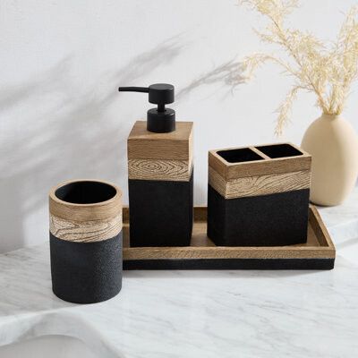 Paolo 4-Piece Black and Bathroom Accessory Set Tan And Black Bathroom Decor, Bathroom Toilet Room Decor, Black And Wood Bathroom Accessories, Brown White Black Bathroom, Beige And Black Bathroom Ideas, Brown And Black Bathroom, Man Bathroom Decor, Nordic Bathroom Scandinavian Style, Black And Tan Bathroom