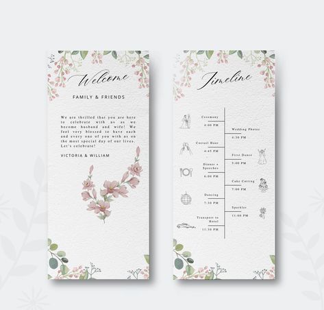 Welcome your guests with the perfect blend of elegance and charm using our floral-themed wedding welcome and program card templates. Designed with a fresh, modern aesthetic, these templates feature lush green and soft pink tones that evoke a sense of romance and natural beauty. Easily personalize it to match your wedding colors and style. Download now and create a memorable experience for your guests! Wedding Welcome Card, Green Floral Wedding, Floral Themed Wedding, Wedding Timeline Template, Timeline Template, Welcome Card, Wedding Timeline, Pink Tone, Lets Celebrate