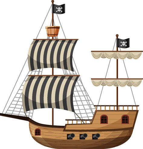 Pirate Ship in cartoon style isolated on white background Pirate Ship Clipart, Pirate Ship Illustration, Pirate Ship Design, Cartoon Pirate Ship, Ship Mast, Ship Deck, Pirate Cartoon, Ship Vector, Aquascape Design