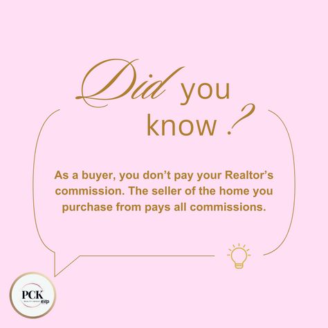 Did you know? 🤔 When you're buying a home, your Realtor's commission isn't coming out of your pocket! 💰 It's the seller who covers all commissions. So, as a buyer, you're getting expert guidance and support without any extra cost. 🙌 It's just one of the perks of working with a skilled real estate professional. ✨ Ready to find your dream home? Let's get started! 🏠 #pckrealtygroup #RealEstateFacts #HomeBuying #DidYouKnow #noextracost Did You Know Real Estate Facts, Real Estate Facts, Buying A Home, Lets Get Started, Team Leader, Real Estate Tips, Real Estate Professionals, Dream Home, Real Estate Agent