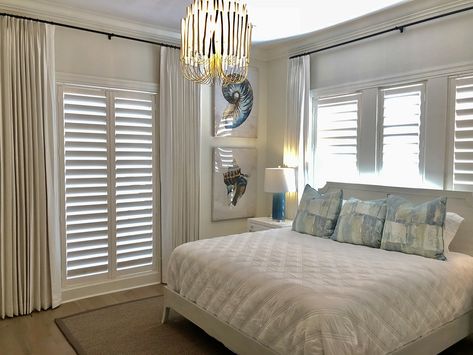 Shutters And Curtains Together, Curtains Over Shutters, Shutters With Curtains, Bedroom Shutters, White Window Treatments, White Shutters, House Shutters, Shared Bedroom, Curtain Ideas