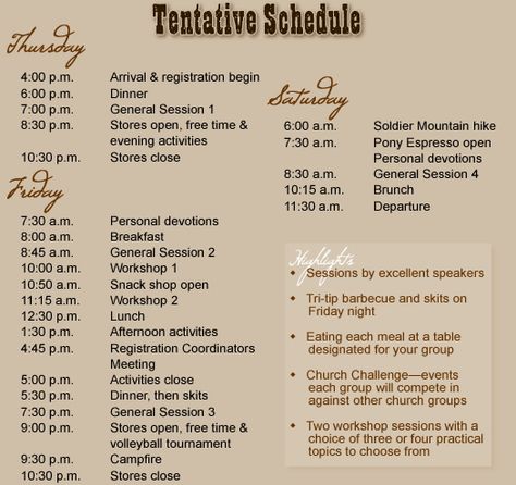 women's retreat schedule | Women's Retreats Schedule Retreat Schedule, Retreat Activities, Church Retreat, Headshot Inspiration, Sister Circle, Women's Retreat, Retreat Ideas, Womens Retreat, Women's Ministry