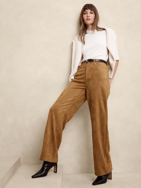 Ultra High-Rise Wide-Leg Vegan Suede Pant | Banana Republic Factory Pants Outfit Fall, Polished Casual, Suede Pants, Shank Button, Banana Republic Factory, Banana Republic Women, Fall Collection, Outfit Inspo Fall, Winter 2024